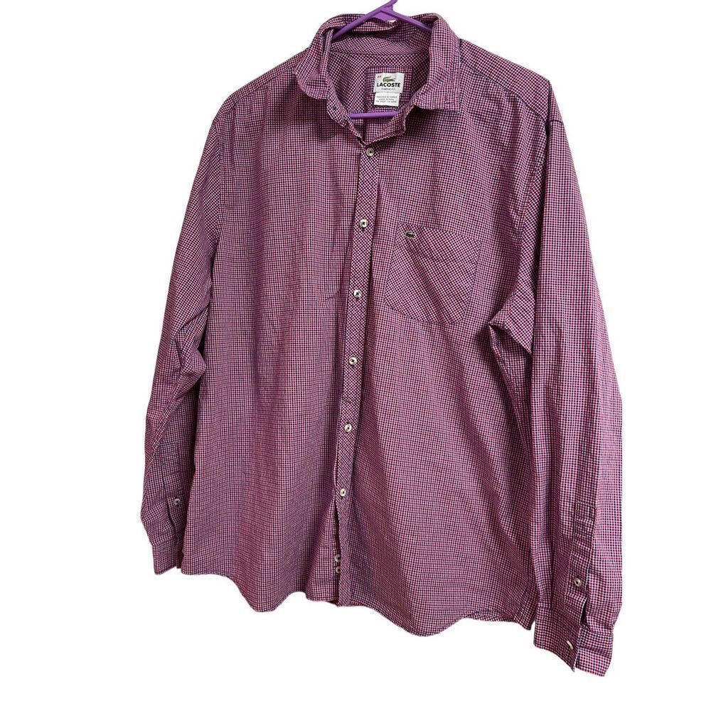 Lacoste Mens Red & Blue Classic Fit Gingham Long Sleeve Buttons Up Shirt Size XL